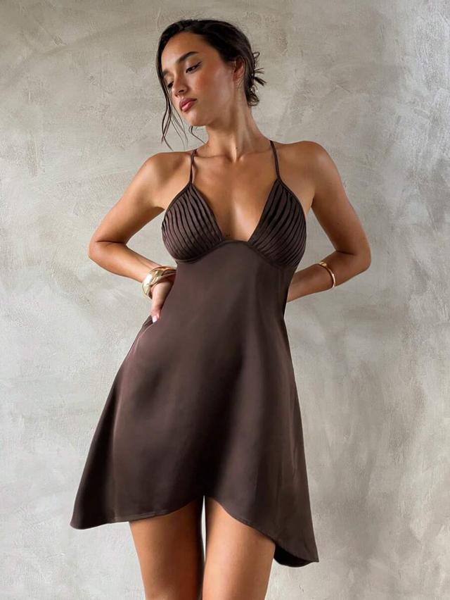 chocolate brown pleated spaghetti strap mini dress