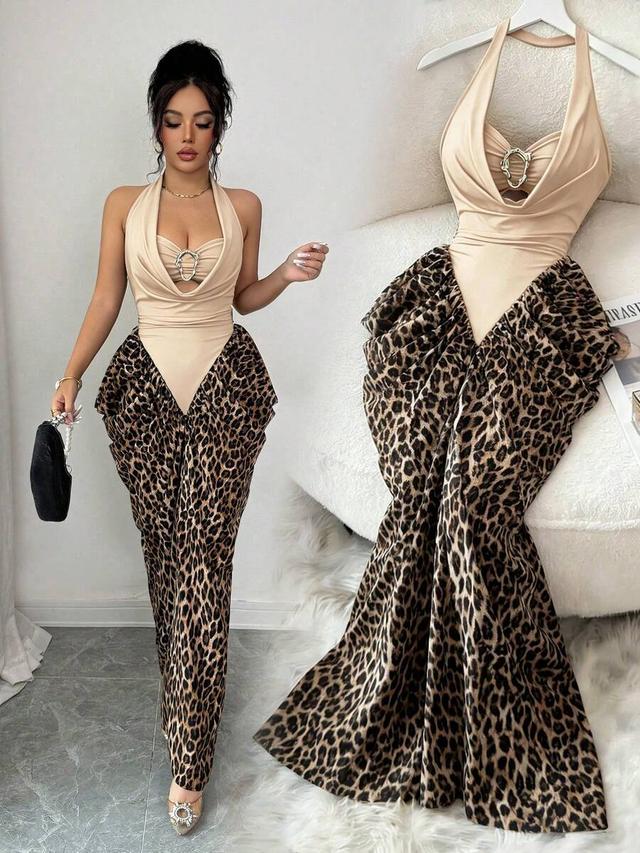 halter neck leopard print patchwork asymmetrical bodycon dress