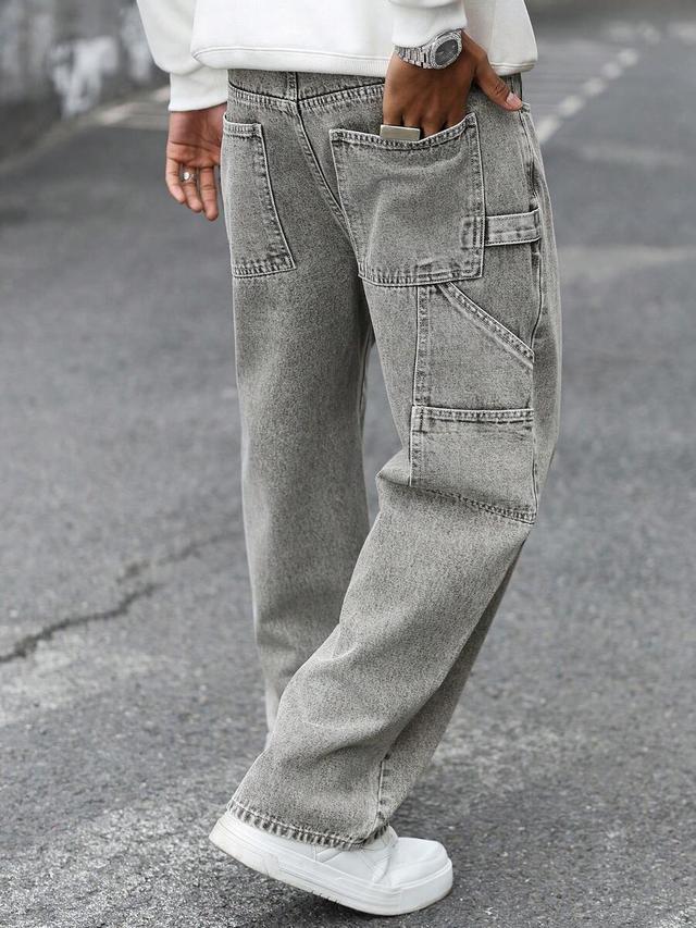 washed grey straight leg baggy cargo jeans