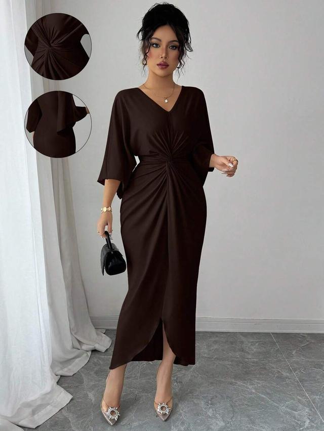 elegant brown v-neck twist design batwing sleeve midi dress