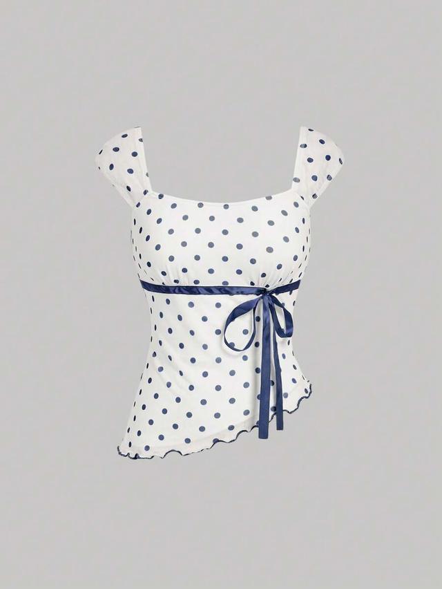 asymmetric polka dot mesh ruched bow top