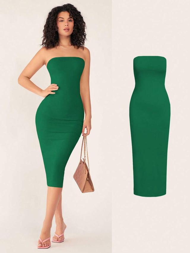 emerald green strapless bodycon midi dress