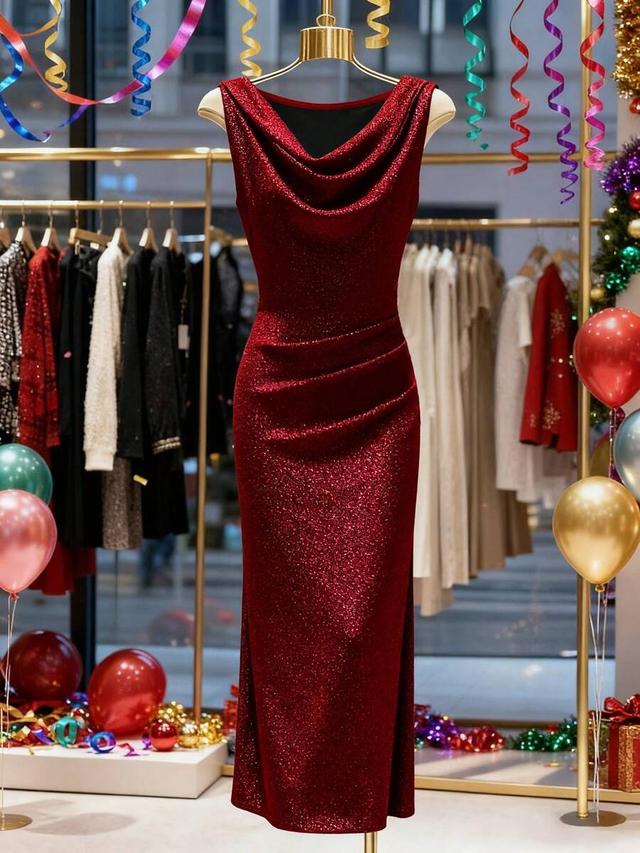 red glitter sleeveless cowl neck evening gown