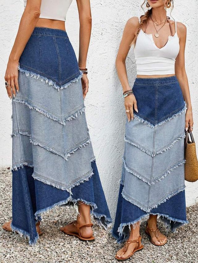 asymmetric tiered denim maxi skirt with frayed edges