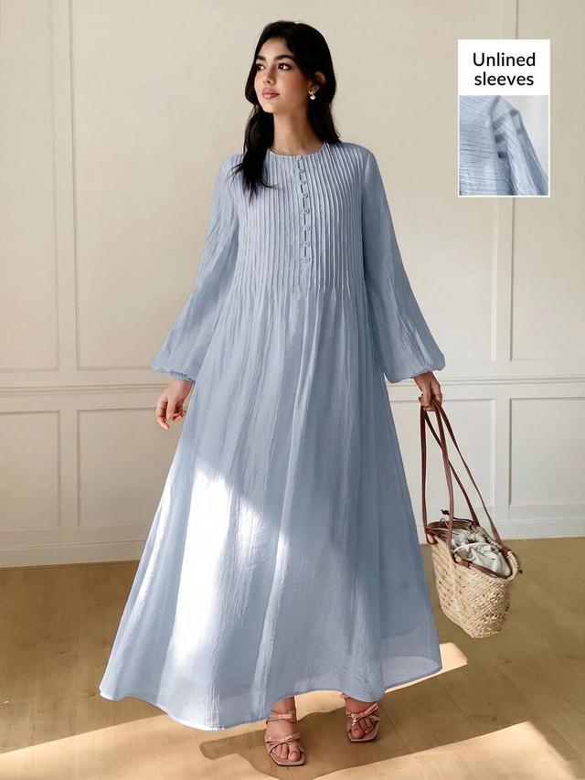 light blue pleated lantern sleeve casual elegant dress