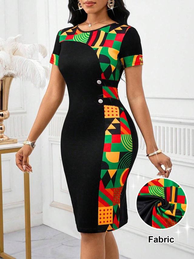 geometric print panelled black midi dress