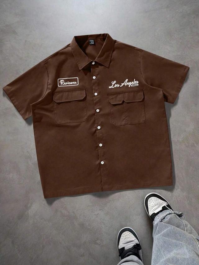 brown loose fit utility shirt with graphic embroidery
