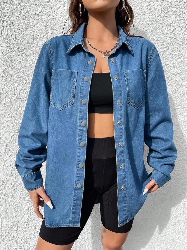 patched pocket curved hem denim shirt
