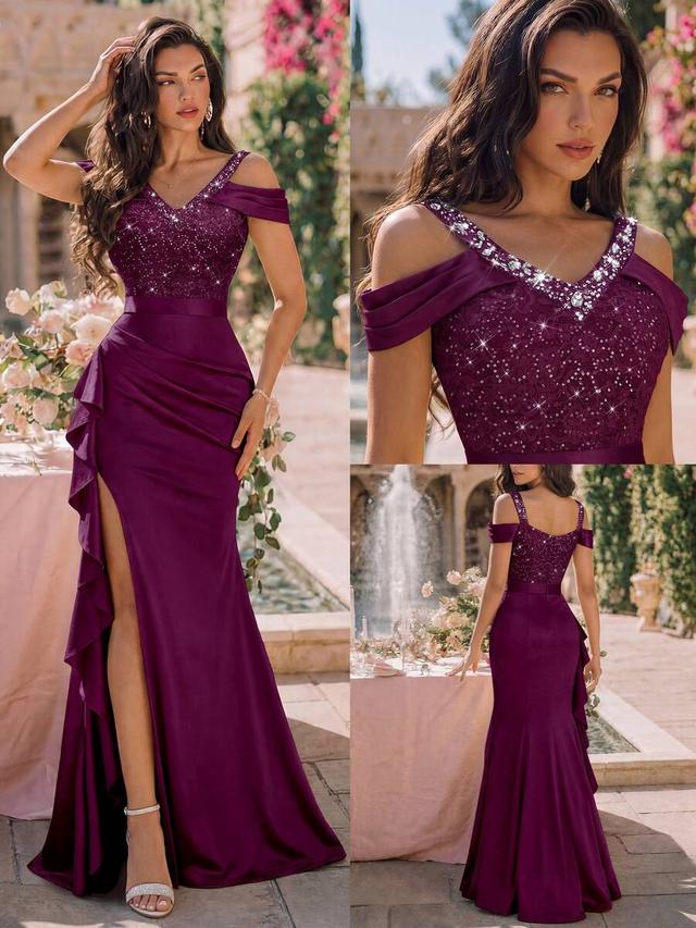 purple sequin bodice satin evening gown with ruffle