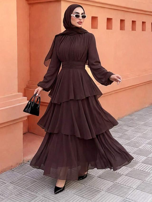 brown chiffon layered ruffle maxi dress