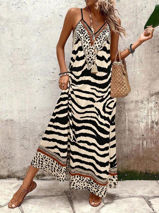 leopard and zebra print loose maxi slip dress