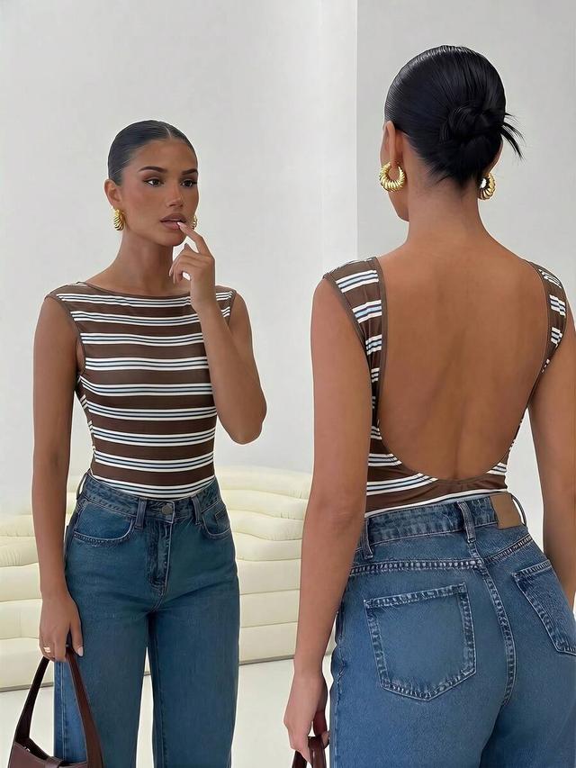 fitted brown striped backless sleeveless bodysuit