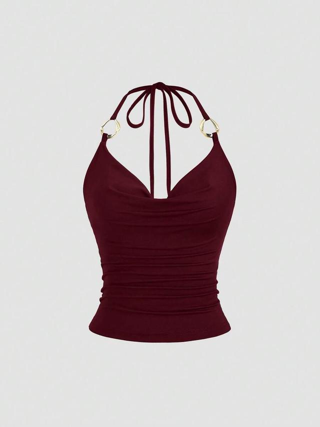 maroon draped neck metal ring halter tank top