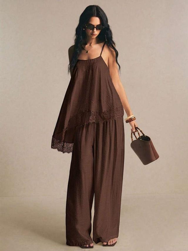 brown lace patchwork pleated camisole and wide leg pants