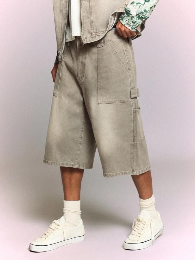 vintage wash baggy denim cargo carpenter shorts