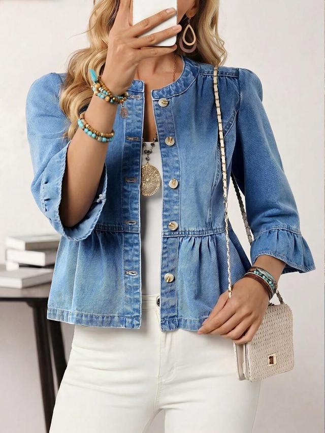 single-breasted blue denim peplum jacket with bell sleeves