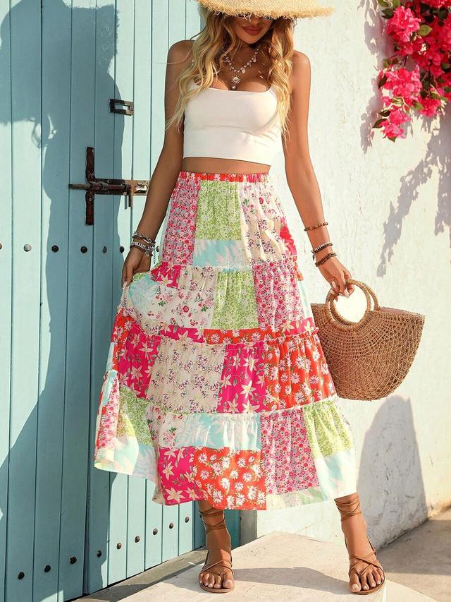 colorblock floral print bohemian tiered ruffle hem skirt