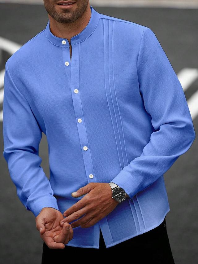 aqua blue textured long sleeve mandarin collar shirt