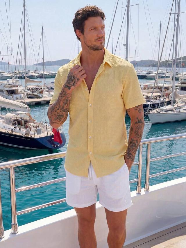 maristyn men's light yellow textured casual shirt