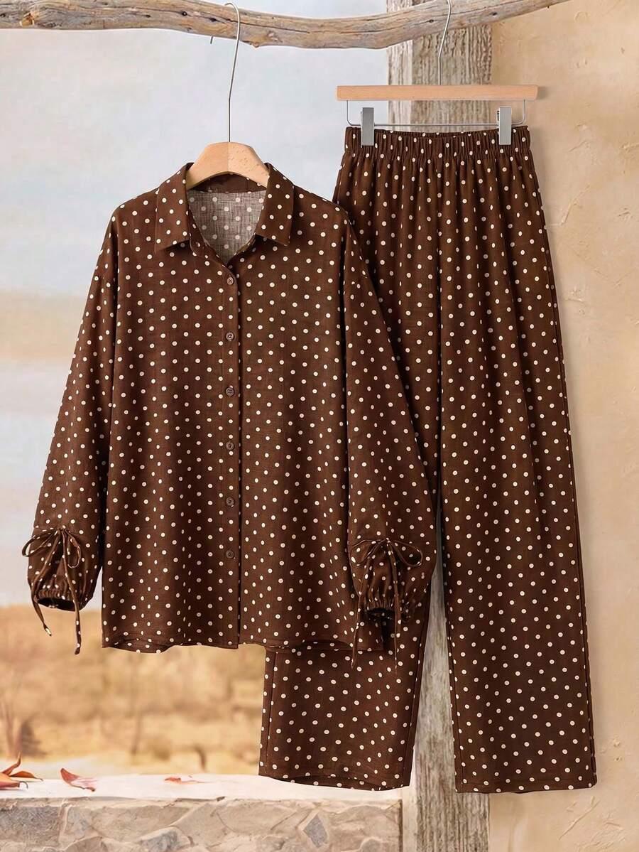 brown and white polka dot relaxed lounge set