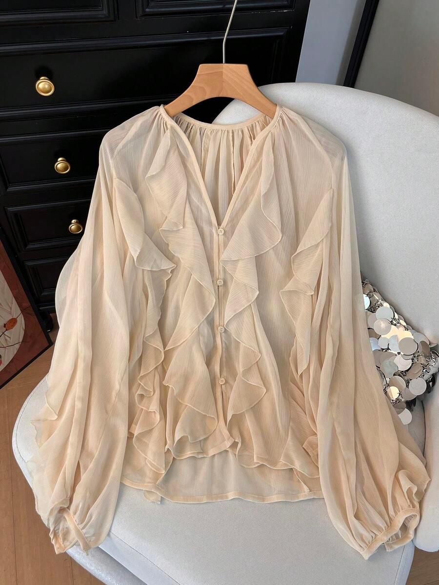 beige ruffle chiffon blouse with long sleeves