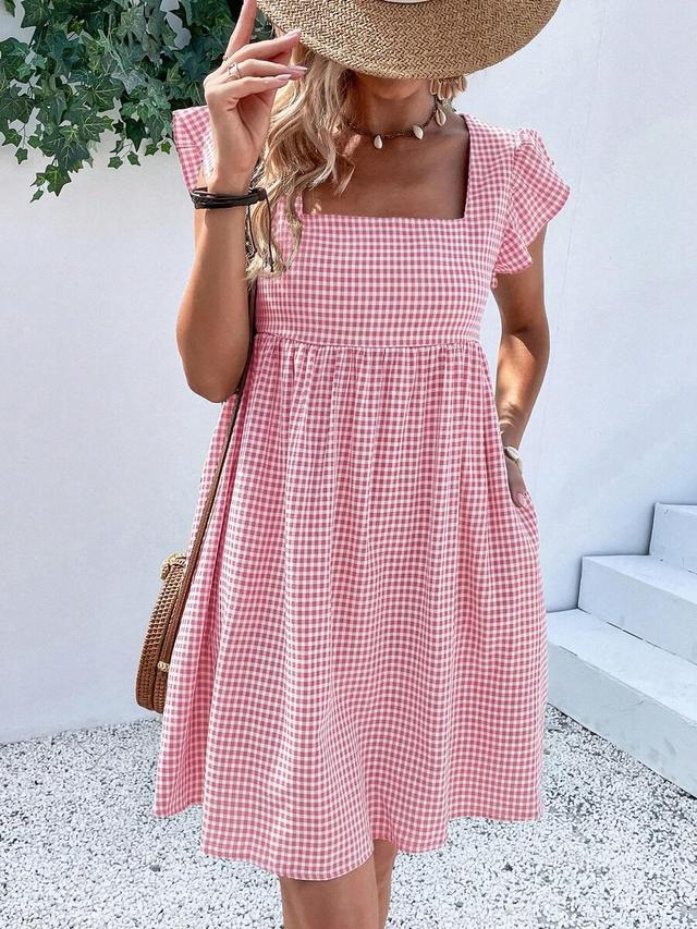 pink and white gingham square neck smock dress