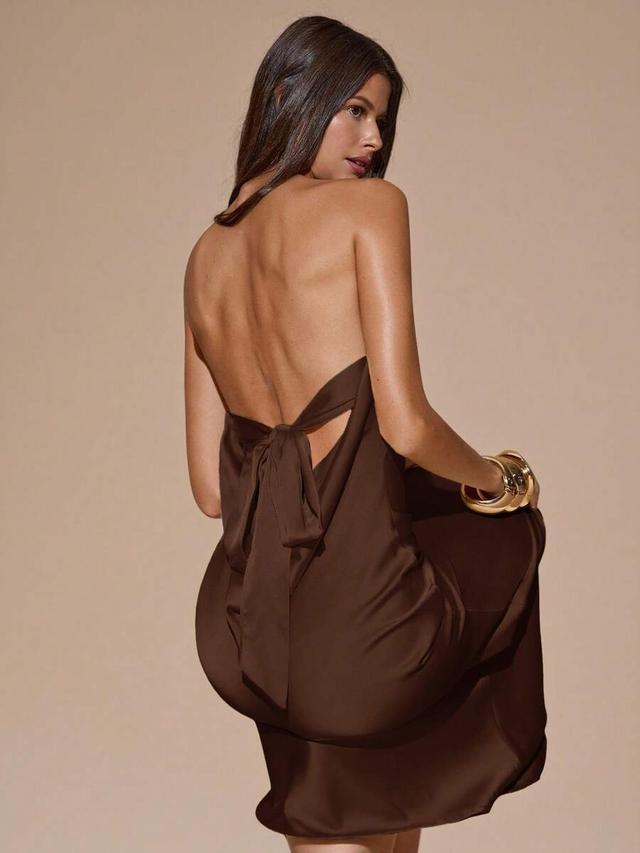chocolate brown satin backless midi dress