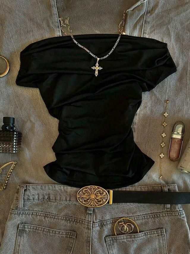 islasuriya women's casual off-shoulder ruched fitted solid black t-shirt