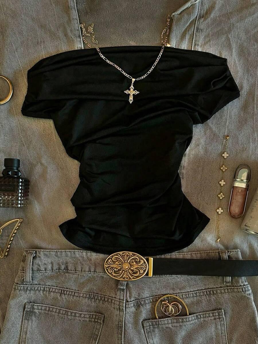 islasuriya women's casual off-shoulder ruched fitted solid black t-shirt