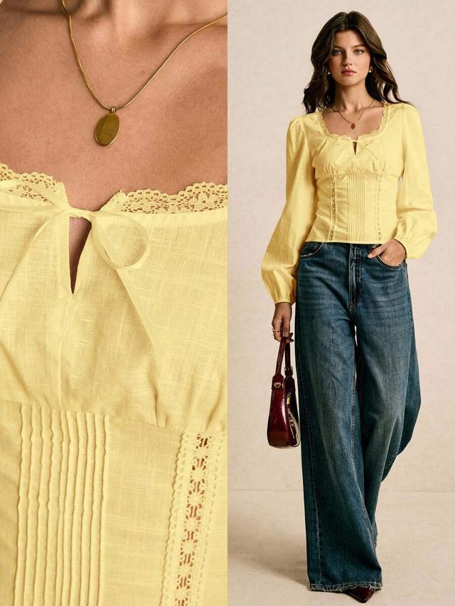 poéselle yellow lace patchwork square collar long sleeve blouse