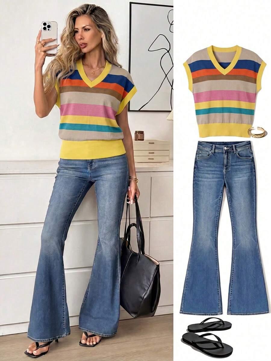 v-neck striped casual summer t-shirt