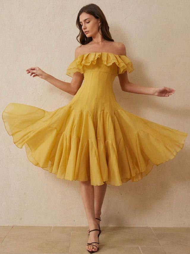 mustard yellow off-shoulder layered ruffle chiffon dress