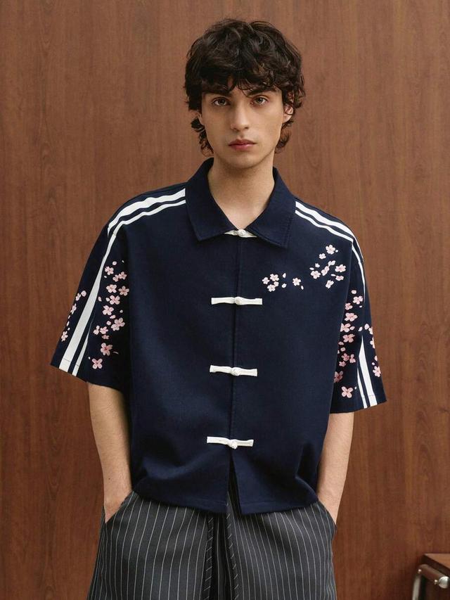 navy blue floral frog button boxy shirt