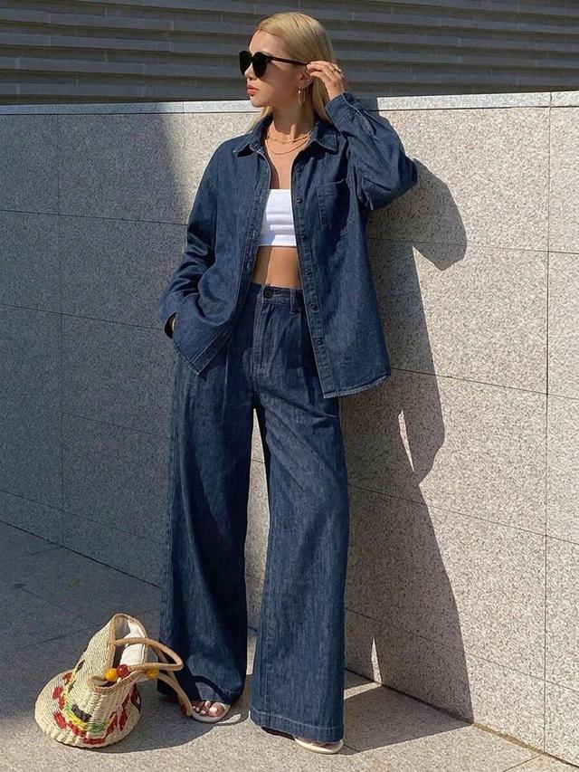dark wash denim shirt and straight leg pants set