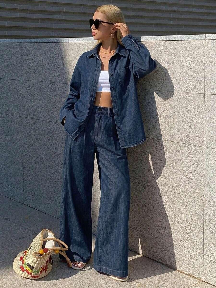 dark wash denim shirt and straight leg pants set