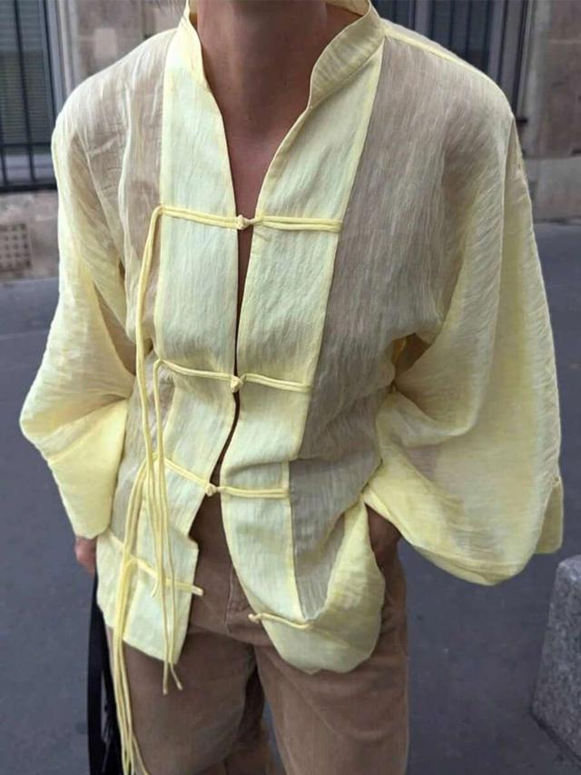 yellow vintage style solid color blouse with frog closures