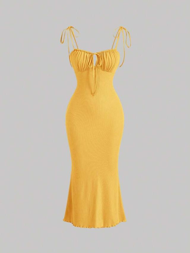 yellow ribbed midi dress with tie straps