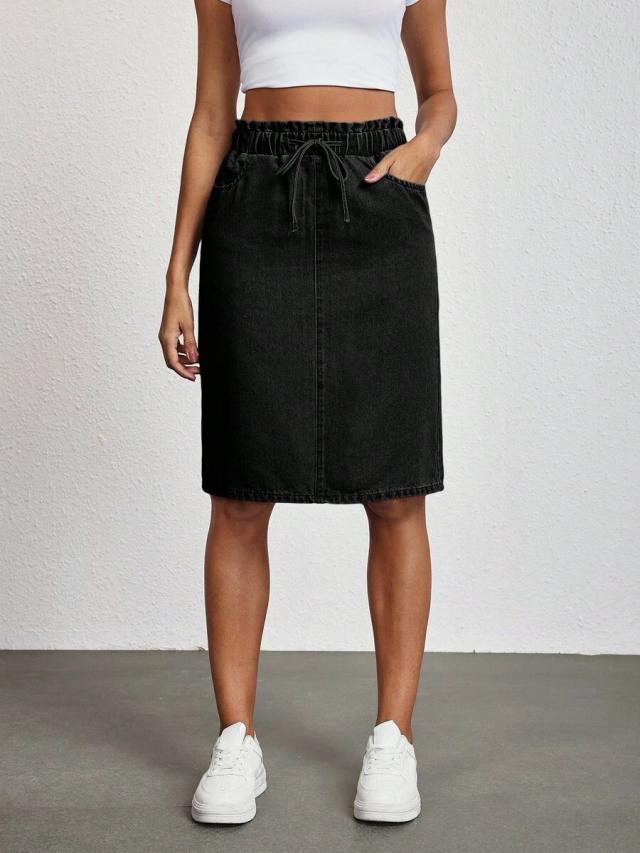 black denim elastic waist midi skirt