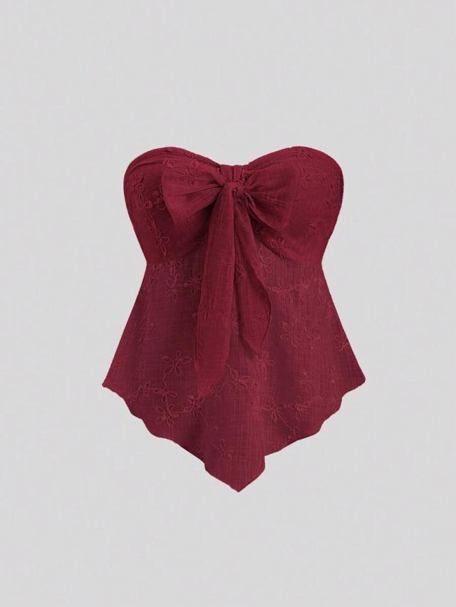 burgundy textured fabric knot front strapless top
