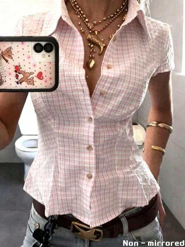 islasuriya women's pink plaid short sleeve fitted shirt