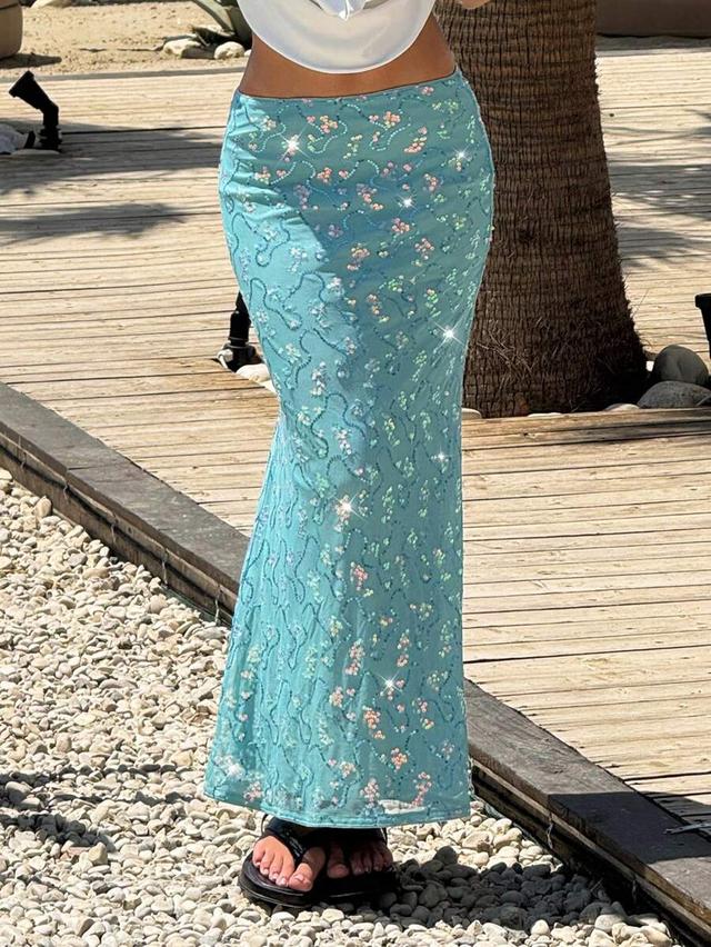 blue sequin embroidered fishtail mermaid skirt