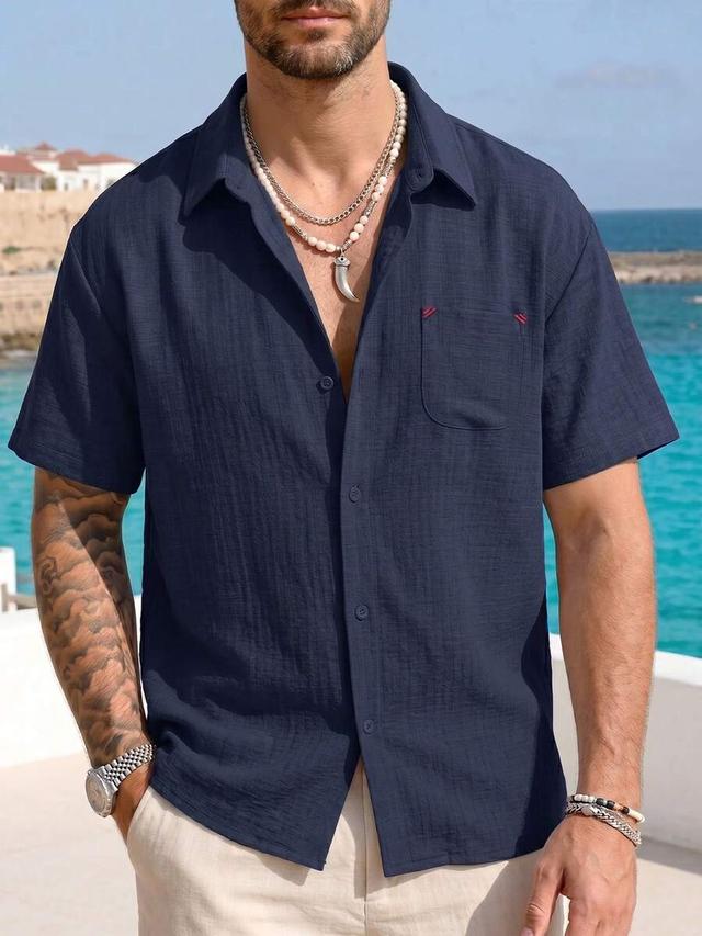 navy blue faux linen short sleeve vacation shirt