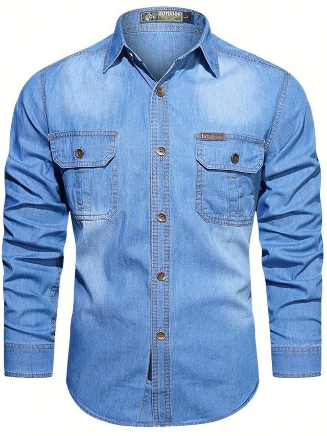 men's casual light wash denim long-sleeve shirt