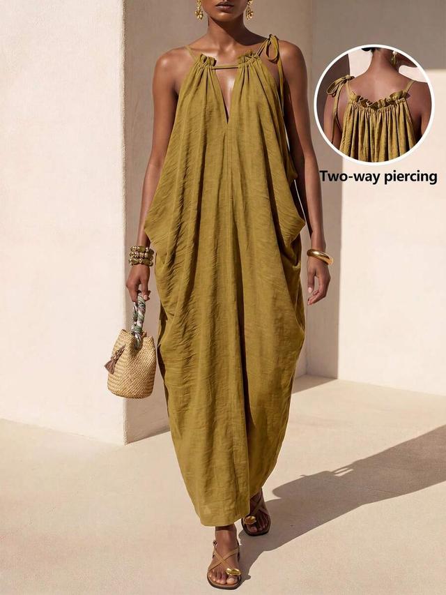olive green textured linen halter midi dress