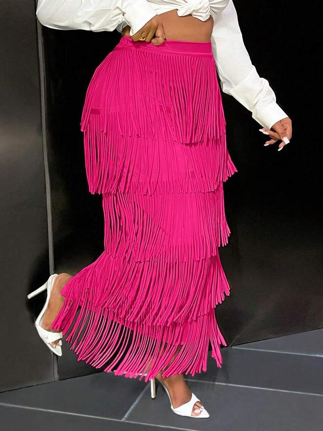 elegant hot pink tiered fringe midi skirt