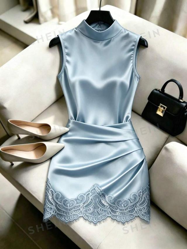 light blue satin high collar sleeveless pleated cocktail dress