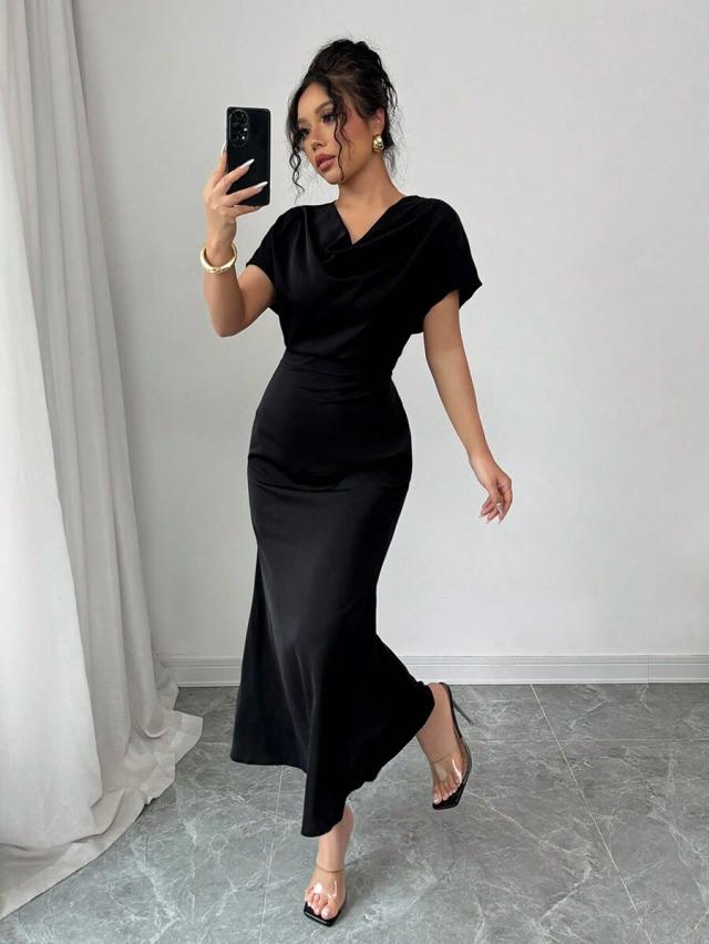 black draped neck backstrap waist-cinching mermaid dress
