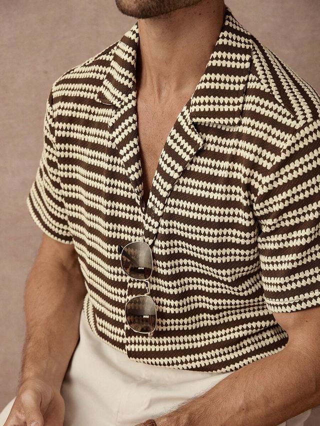 brown and cream knitted stripe jacquard short sleeve shirt