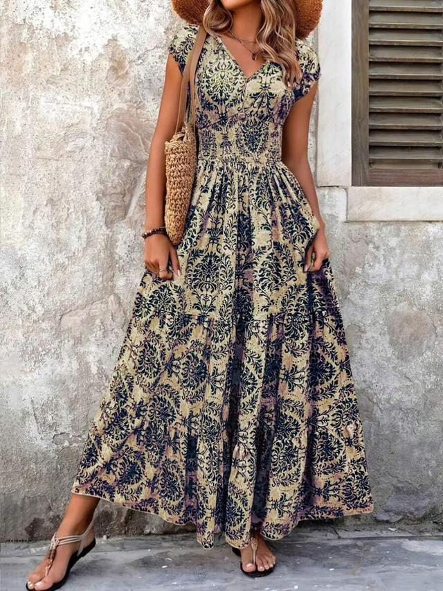 printed v-neck tiered maxi dress