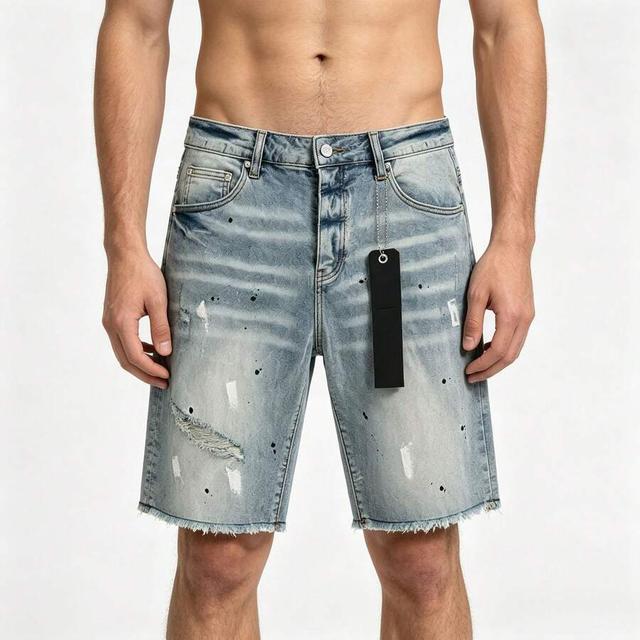light blue distressed men's splash paint raw hem denim shorts